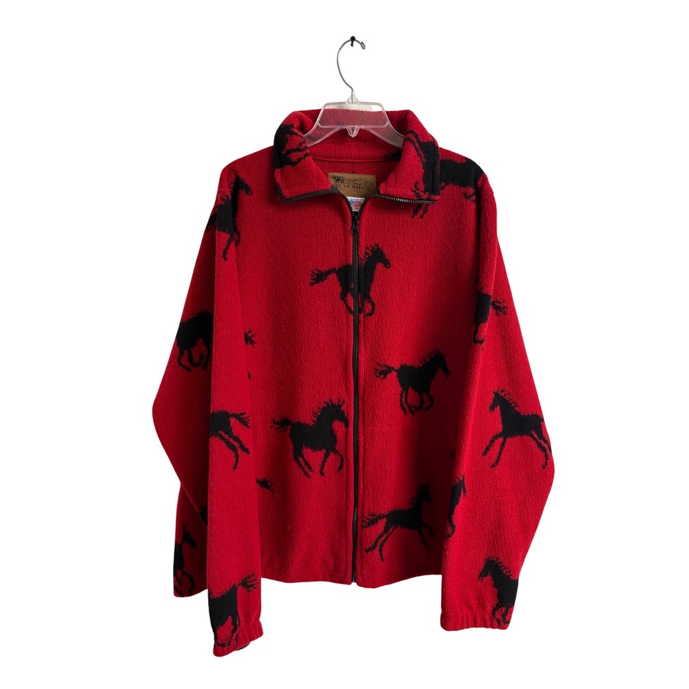 Vintage Bear Ridge Outfitters Red Fleece Horse Print Full Zip Jacket Womens 2X